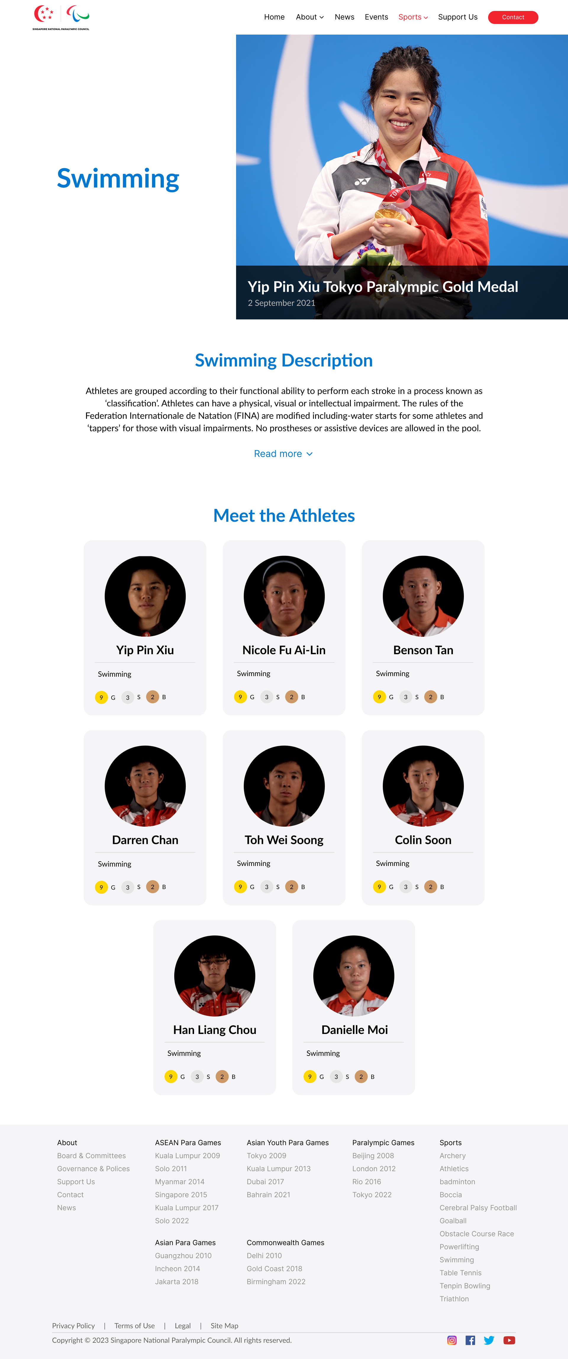 Singapore National Paralympics Council swimming sports page desktop design